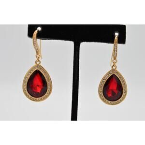 Statement Earrings Sparkling Rhinestone Crystal Red Teardrop Gold Dangle BnS